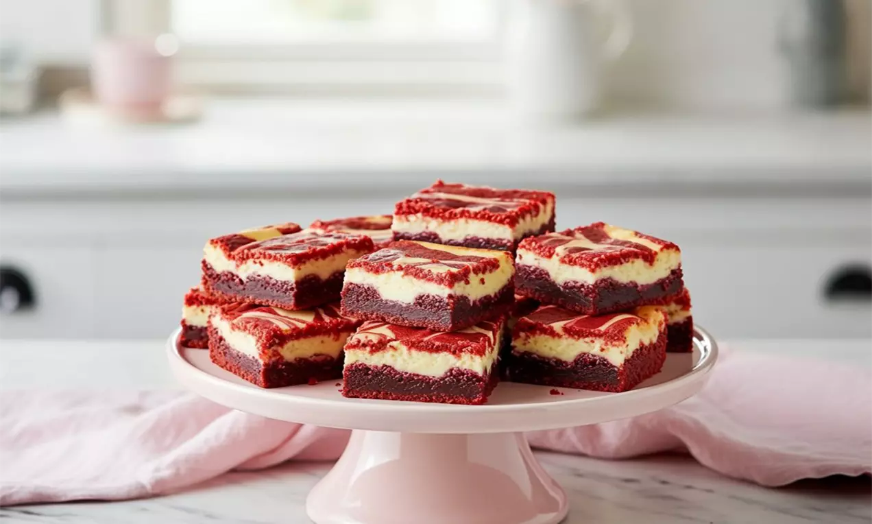 Kocke crvenog velvet kolača s kremasto bijelim cheesecake slojem i valovima crvene boje, posložene na svijetloružičastom stalaku