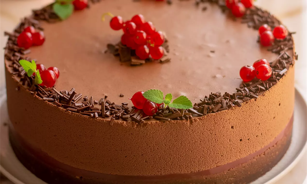 Čokoladna torta s glatkim slojem mousse kreme, ukrašena ribizlama, čokoladnim mrvicama i listićima mente na bijelom tanjiru